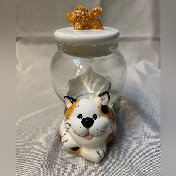 Vintage Calico Cat w/ Goldfish Bowl Lid Cookie Treat Jar - Picture 2 of 12